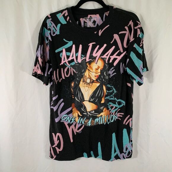Aaliyah Shirt Women's Medium Black Graphic Print Short Sleeve Crew Neck - Picture 1 of 5